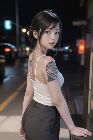 Top quality, masterpiece, 8K, beautiful woman, Japanese woman, expressionless, whole body, ((tattoo)), black slacks, white tank top, female mafia, cyberpunk city, night,Mitan, heterochromia,TifaFF7, ,TIFA,1girl