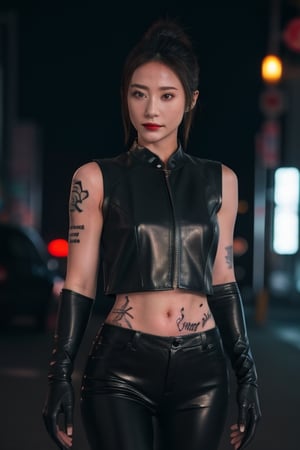 Finest, masterpiece, 8K, beauty, Japanese woman, angry,((tattoo)), black leather pants, black leather vest, female mafia, cyberpunk city, night,ninja_suit,charlottems, gloves,  armor,  shoulder a