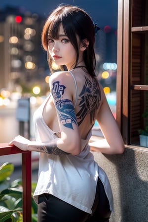 Top quality, masterpiece, 8K, beautiful woman, Japanese woman, expressionless, whole body, ((tattoo)), black slacks, white tank top, female mafia, cyberpunk city, night,ellafreya,Mitan,yuna \(ff10\),heterochromia,green eyes,blue eyes,kabashimahikari,airi_kijima,vnbeauty