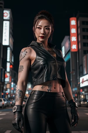 Finest, masterpiece, 8K, beauty, Japanese woman, angry,((tattoo)), black leather pants, black leather vest, female mafia, cyberpunk city, night,ninja_suit,charlottems, gloves,  armor,  shoulder a,REALISTIC