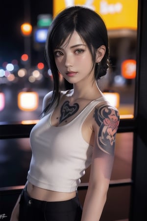 Top quality, masterpiece, 8K, beautiful woman, Japanese woman, expressionless, whole body, ((tattoo)), black slacks, white tank top, female mafia, cyberpunk city, night,Mitan, heterochromia,TifaFF7, ,TIFA,1girl,xxmixgirl,ftifa