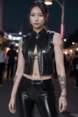 Finest, masterpiece, 8K, beauty, Japanese woman, angry,((tattoo)), black leather pants, black leather vest, female mafia, cyberpunk city, night,ninja_suit