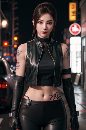 Finest, masterpiece, 8K, beauty, Japanese woman, angry,((tattoo)), black leather pants, black leather vest, female mafia, cyberpunk city, night,ninja_suit,charlottems, gloves,  armor,  shoulder a,REALISTIC