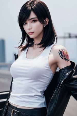 Top quality, masterpiece, 8K, beautiful woman, Chinese woman, expressionless, whole body, (tattoo), black leather pants, white tank top, female mafia, cyberpunk city, night,