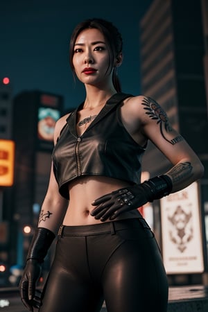 Finest, masterpiece, 8K, beauty, Japanese woman, angry,((tattoo)), black leather pants, black leather vest, female mafia, cyberpunk city, night,ninja_suit,charlottems, gloves,  armor,  shoulder a,REALISTIC