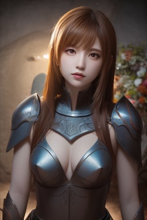 (Absurd, Intricately Detail, Masterpiece, Best Quality, High Resolution, 8k), 1 Woman, (In Front of Tomb:1.4), Thin, Young, Elaborate Eyes and Face, Auburn Low Fade Hair, Amber Eyes, Portrait, Looking at Viewer, Solo, Half Shot, Detailed Background, (Light Fantasy Theme:1.1), Focus, Mercenary, Sunshine, Floating Debris, Color Plate Armor, Divine Aura, Bright Realistic Lighting, Marble Castle, Intense Ambience, Circlet, Coat of Arms, Brazier, , Depth of Field, Visual Effects.