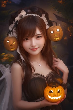 (​masterpiece、top-quality、top-quality、Beautifully Aesthetic:1.2)、(((Cute Shining Jack Lantern Head Girl)))、((I can't see the girl's face))、halloween night、ighly detailed、colourfull、highestdetailed,Japanese beauty models