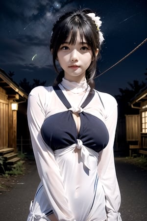 Masterpiece, 8k, RAW, ultra-realistic, long hair, bangs, (arms tied behind, arms bent, shibari cross chest box tie) bondage, (rope, tightrope bondage), dark park at night, quiet path, creepy road, secluded cabin, (medium breast bondage), (medium breast ),photorealistic,masterpiece,vnbeauty,GdClth,aasaber, green eyes, ahoge,firefliesfireflies,night sky,yui yuigahama,see-through leotard,megumi kato,hmkm1,realism