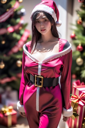 (Beautiful Japanese woman), ((pink and black Santa Claus costume: 1.3)), Christmas tree, ((Bust shot: )), Shot from below, Surrealism, Super detail, UHD, Masterpiece, Accurate, Anatomically Correct, Textured Skin, Super Detailed, High Detail, Top Quality, 8K, Photorealistic,jinmeng,photorealistic,fukada,epoint2016,GdClth,ninja_suit,1girl,tabemikako,latex dress,4ngel,nanazawa,SANTA BIKINI,bikini_jk,hamabe