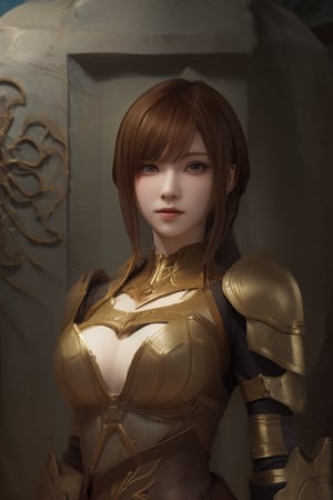 (Absurd, Intricately Detail, Masterpiece, Best Quality, High Resolution, 8k), 1 Woman, (In Front of Tomb:1.4), Thin, Young, Elaborate Eyes and Face, Auburn Low Fade Hair, Amber Eyes, Portrait, Looking at Viewer, Solo, Half Shot, Detailed Background, (Light Fantasy Theme:1.1), Focus, Mercenary, Sunshine, Floating Debris, Color Plate Armor, Divine Aura, Bright Realistic Lighting, Marble Castle, Intense Ambience, Circlet, Coat of Arms, Brazier, , Depth of Field, Visual Effects.