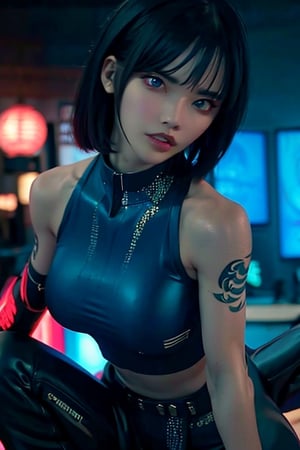 Top quality, masterpiece, 8K, beautiful woman, Chinese woman, expressionless, whole body, ((tattoo)), black leather pants, white tank top, female mafia, gangster, cyberpunk city, night,SYWZwangyuanyuan,yuna \(ff10\),heterochromia,green eyes,blue eyes,fukada,realism,spouse,ninja_suit