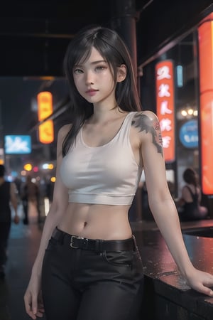 Top quality, masterpiece, 8K, beautiful woman, Japanese woman, expressionless, whole body, ((tattoo)), black slacks, white tank top, female mafia, cyberpunk city, night,ellafreya,Mitan,yuna \(ff10\),heterochromia,green eyes,blue eyes,kabashimahikari,airi_kijima,ftifa,TifaFF7, 