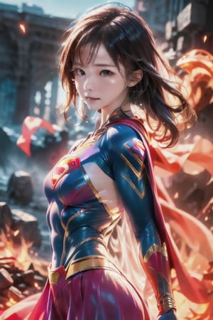 best quality, high quality, ultra quality, 8k, masterpiece, detailed, extremely detailed, insanely detailed, ultra detailed, ultra highres ,exquisite, lifelike Images,cinematic experience,UHD picture,Realistic,photorealistic,hyperrealistic,vivid,RAW photo,shot by DSLR, 
one girl, upper body,half smile, seductive, Heroine, battle costume, fighting pose, powerful like a scene from a movie,(Supergirl Costume),viking,Strong Backlit Particles,female warrior,FFIXBG,