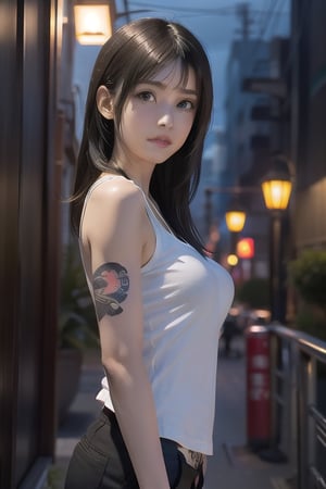 Top quality, masterpiece, 8K, beautiful woman, Japanese woman, expressionless, whole body, ((tattoo)), black slacks, white tank top, female mafia, cyberpunk city, night,ellafreya,Mitan,yuna \(ff10\),heterochromia,green eyes,blue eyes,kabashimahikari,airi_kijima,ftifa,TifaFF7, ,TIFA,1girl