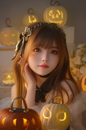 (​masterpiece、top-quality、top-quality、Beautifully Aesthetic:1.2)、(((Cute Shining Jack Lantern Head Girl)))、((I can't see the girl's face))、halloween night、ighly detailed、colourfull、highestdetailed,Japanese beauty models