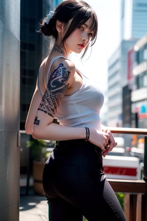 Top quality, masterpiece, 8K, beautiful woman, Japanese woman, expressionless, whole body, ((tattoo)), black slacks, white tank top, female mafia, cyberpunk city, night,ellafreya,Mitan,yuna \(ff10\),heterochromia,green eyes,blue eyes,kabashimahikari,airi_kijima,vnbeauty