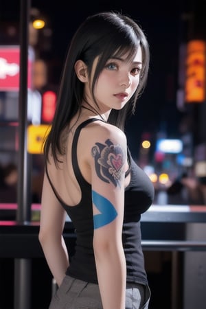 Top quality, masterpiece, 8K, beautiful woman, Japanese woman, expressionless, whole body, ((tattoo)), black slacks, white tank top, female mafia, cyberpunk city, night,Mitan, heterochromia,TifaFF7, ,TIFA,1girl,xxmixgirl