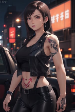 Finest, masterpiece, 8K, beauty, Japanese woman, angry,((tattoo)), black leather pants, black leather vest, female mafia, cyberpunk city, night,ftifa, ,TifaFF7,