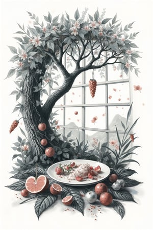 aesthetic,
A fascinating and mysterious digital illustration depicts a strange and surreal sight:
Monochromatic color scheme with strong contrast,biology,nature,plants

simple background, white background, food, tree, no humans, window, fruit, leaf, plant, scenery, food focus, still life

OHWX style, noticeable paper texture. 

lightweight design, intricate details, simple background,
legendofnerd style, BREAK simple background, abstract structure on background,
art_solyanka,art_painting,painting, ((paper texture))