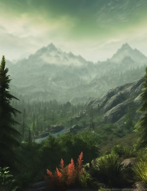 In a  haze, now teeming with lush vegetation and vibrant greenery. landscape,blurred distant mountains,skyrimlandscapes