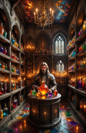 Photorealistic, Award Winning, Ultra Realistic, 8k,  potions. medieval , richly silver embroidered. Medieval atmosphere. old castle room, (many  colored potion ampoules:1.4) on the shelves. Masterpiece, ultra highly detailed, Dynamic Poses, Alluring, Amazing, Excellent, Detailed Face, Beautiful Symmetric Eyes, Heavenly, Very Refined, dark golden light,digital painting,crystalz,Decora_SWstyle