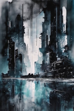 void, left blank, ultra fine painting, water ink splash, cyberpunk dark mega city side view, reflection, cold-tone, 