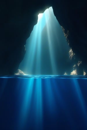 deep sea,deep sea background,, The depths of the sea are indeed endlessly lonely. In that dark and silent,, water, sunlight, scenery, blue theme, light rays, rock, light, pillar, cave