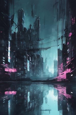 void, left blank, ultra fine painting, water ink splash, cyberpunk dark mega city side view, reflection, cold-tone, 