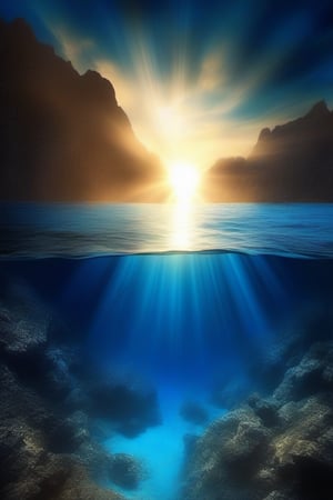 deep sea,deep sea background,some light ray,water, scenery, reflection, blue theme,. The water is a deep blue, . The light casts a shadow on the water,, waterscenery, fish, light rays, rock, under water