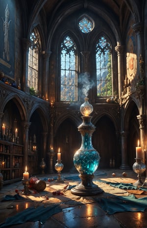 Photorealistic, Award Winning, Ultra Realistic, 8k,  potions. medieval , richly silver embroidered. Medieval atmosphere. old castle room,. Masterpiece, ultra highly detailed, , Alluring, Amazing, Excellent, , Heavenly, Very Refined, ,digital painting,crystalz,Decora_SWstyle,magic background,magiical,dark magic style,scenery