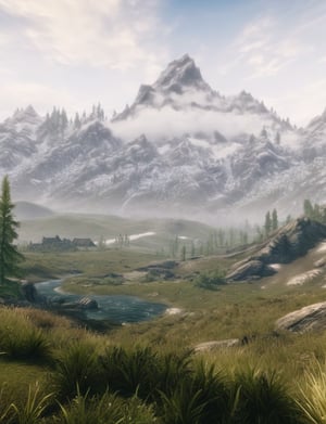, now teeming with lush vegetation and . landscape,blurred distant mountains,skyrimlandscapes,grassland
