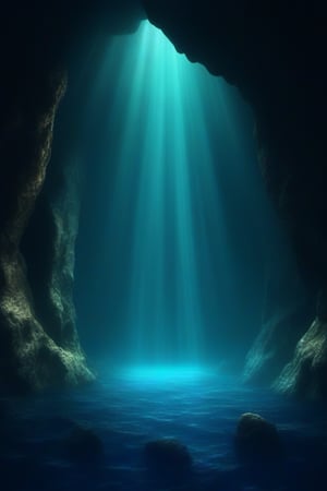 deep sea,deep sea background,, The depths of the sea are indeed endlessly lonely. In that dark and silent,, water, , scenery, , light rays, rock, light, pillar, cave,fancy