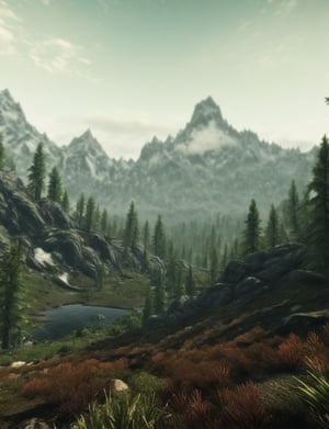 , now teeming with lush vegetation and . landscape,blurred distant mountains,skyrimlandscapes,wilderness