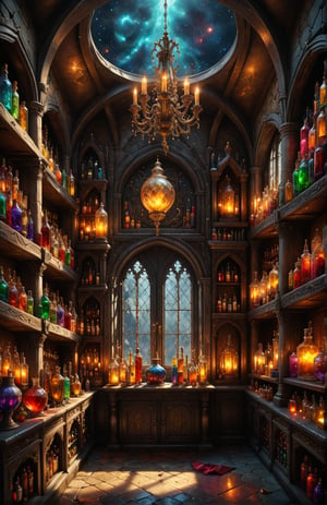 Photorealistic, Award Winning, Ultra Realistic, 8k,  potions. medieval , richly silver embroidered. Medieval atmosphere. old castle room, (many  colored potion ampoules:1.4) on the shelves. Masterpiece, ultra highly detailed, , Alluring, Amazing, Excellent, , Heavenly, Very Refined, dark golden light,digital painting,crystalz,Decora_SWstyle,magic background,magiical,dark magic style