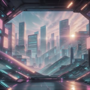 City, metropolis, with skyscrapers, against the backdrop of a pink sunset, pink and peach sky, the glare of the sun on the buildings, sun rays between buildings, without people, Futuristic future, adstech,sense of technology