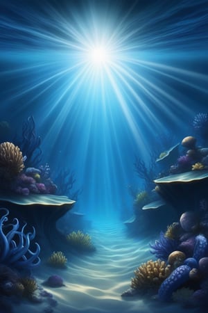 deep sea,deep sea background,, scenery, blue theme, ,waterscenery, no humans, sunlight, tentacles, , blue theme, light rays, underwater, realistic