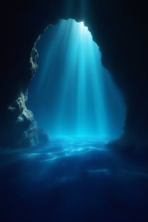 deep sea,deep sea background,, The depths of the sea are indeed endlessly lonely. In that dark and silent,, water, sunlight, scenery, blue theme, light rays, rock, light, pillar, cave