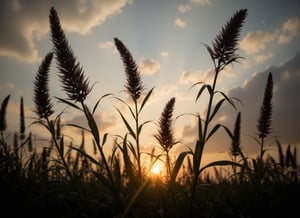 Create a 8k resolution in realistic-style. The image depicts a close-up view of several plants with elongated leaves and tall flower spikes, silhouetted against a sky at what appears to be either sunrise or sunset. The sky is partly cloudy with the sun visible near the horizon, casting a warm glow and creating a backlight effect on the plants. This interplay of light and shadow highlights the natural beauty and intricate details of the plants against the vastness of the sky.Midjourney_Whisper