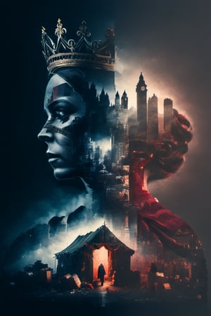 A double-exposure of  first a bloody queen Mary(identityv Mary) silhouette and secondly a homeless person,  dark palette,  high resolution and contrast and colour contrast,  intricately textured and extremely subtle detailed,  detailmaster2,  backlight,  ultra quality,  fine artwork ,more detail XL,DOUBLE EXPOSURE