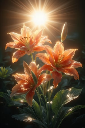 Masterpiece, Professional, Top Quality, High Resolution, High Detail, Perfect Detail,fantasy art. ., lily , lilies, backlight of sun, backlight
