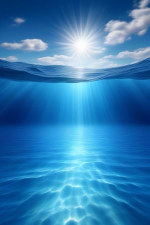 deep sea,deep sea background,some light ray,water, no humans, curtains, scenery, reflection, blue theme,Captured from a high-angle perspective, the eye-level view reveals a bright light shining through the water. The water is a deep blue, with a few wispy clouds in the upper left corner of the frame. The sun is a bright white, creating a stark contrast against the blue sky. The light casts a shadow on the water, adding a touch of depth to the scene.