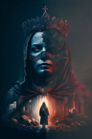 A double-exposure of  identityv bloody queen (identityv Mary) silhouette , secondly a homeless person,  dark palette,  high resolution and contrast and colour contrast,  intricately textured and extremely subtle detailed,  detailmaster2,  backlight,  ultra quality,  fine artwork ,more detail XL,DOUBLE EXPOSURE
