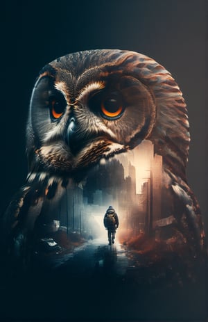 A double-exposure of  first an owl and secondly a homeless person,  dark palette,  high resolution and contrast and colour contrast,  intricately textured and extremely subtle detailed,  detailmaster2,  backlight,  ultra quality,  fine artwork ,more detail XL,DOUBLE EXPOSURE