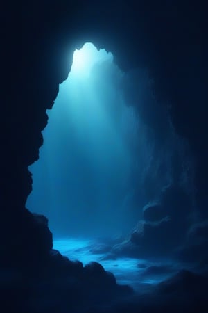 deep sea,deep sea background,, The depths of the sea are indeed endlessly lonely. In that dark and silent,no humans, scenery, blue theme, rock, silhouette, dark, ruins, cave