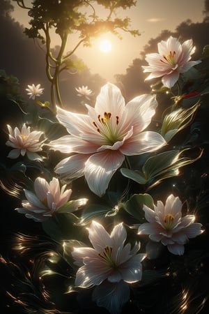 Masterpiece, Professional, Top Quality, High Resolution, High Detail, Perfect Detail,fantasy art. ., lily , lilies, backlight of sun, backlight
