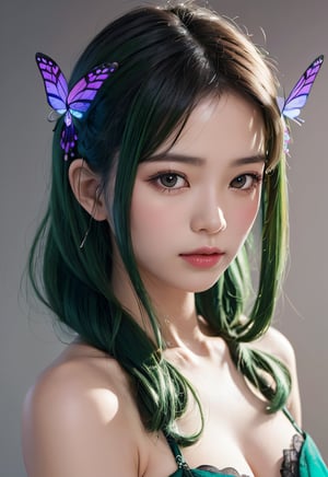 Javanese girl, long hair butterfly haircut, hair tied with ribbon, full green hair, Javanese face, 8K Ultra HD Image