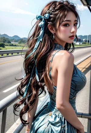 perfect beautiful girl, perfect fingers, long colored hair, diamond earrings, wearing a ribbon hair tie, wearing a kebaya, elegant pose on the side of the highway, amazing photo, Amazing Details, Masterpiece, 8K Ultra High Image Definition, Hyper Realistic