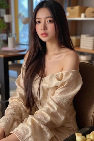 a village girl from Indonesia, long hair, wearing luxurious and elegant clothes, sitting on a chair in a shop, her clothes look sexy with side slits, high and intricate details, super HD quality