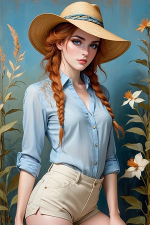 painting_(artwork), slim body female, qil painting estyle Leonardo da Vinci, ginger, freckles, braided updo hair, ((slim long opened shirt,)) pale blue eyes, smokey make-up, short pants, sensual, leaning forward, bend hips, sketched herbarium background, fisher hat created from textile, printed herbarium pattern, hat pulled over eyes