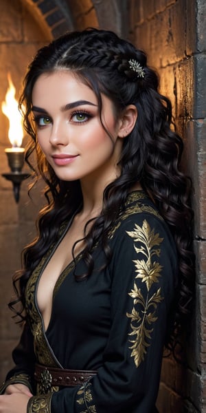 (masterpiece: 1.3) photo of a beautiful girl about 20 years old, long curly black hair with punk style hairstyle, perfect fingers, detailed skin texture, textured skin, sweet face with soft features, eyes very open, (small, photorealistic, photorealism: 1.37), wearing black tunic with decorations intricate details over his naked body, dynamic pose, in dark hall interior, dimly lit by torches on the wall, soft lighting,photo r3al,GAME OF THRONES style,